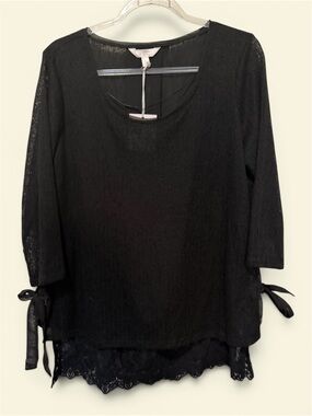 LC Lauren Conrad Black 3/4 Sleeve Scoop Neck Tunic with Lace Hem